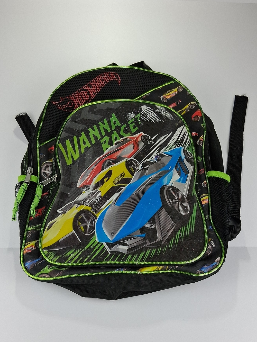 Boys Hot Wheels Racing Cars Backpack - 2 Zippered Compartments And Side Pouches